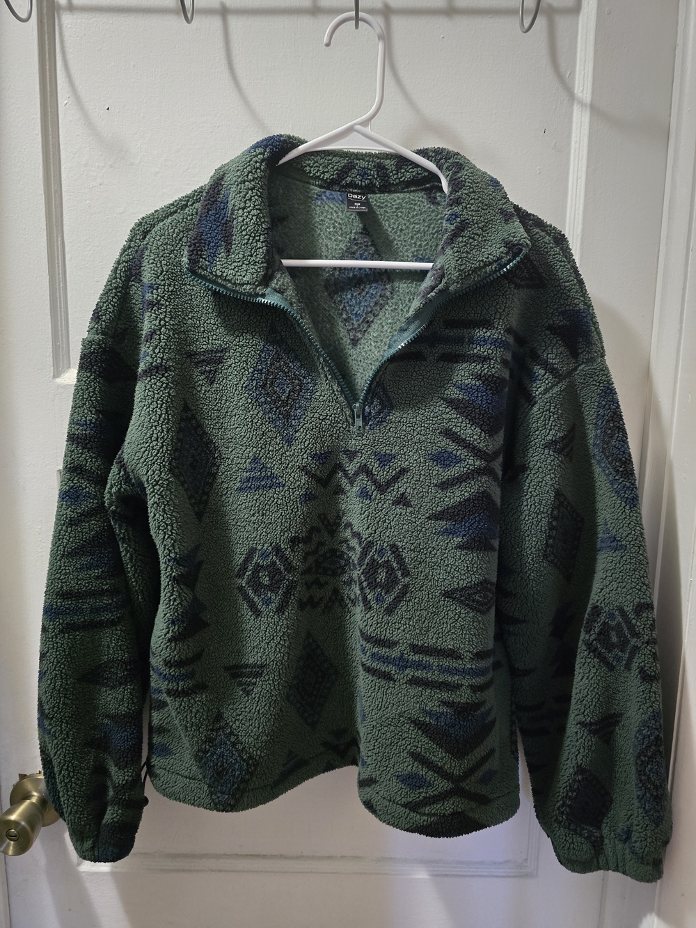 Teddy Half-Zip Jacket in Forest Green with Geometric Print